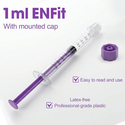 1ml/cc Syringes with Cap - Plastic Syringe for Liquid, Feeding, Pack of 50 | Purple , Individually Wrapped - size: 1ml syringe with cap