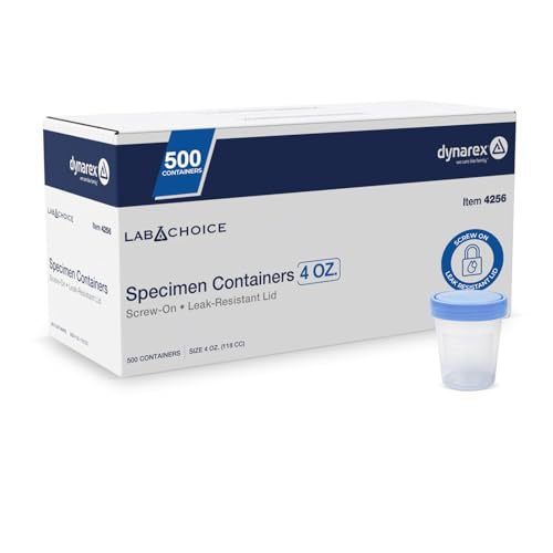 Dynarex LabChoice Specimen Containers for Urine Sample Collection - 4 oz - Non-Sterile - Frosted Writing Label - Leak-Resistant Screw-On Cap, Case of 500 | Polypropylene Cup, Polyethylene Screw Cap, Frosted Writing Area, Leak Resistant Closure, Urine Coll