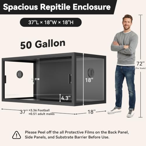 50 Gallon Reptile Enclosure 37" x 18" x 18", Front Opening Reptile Enclosure with Tempered Glass Doors, Safety Lock & Screen Top Ventilation, for Bearded Dragon, Ball Python, Snake, Gecko - color: Black, size: 37" x 18" x 18"