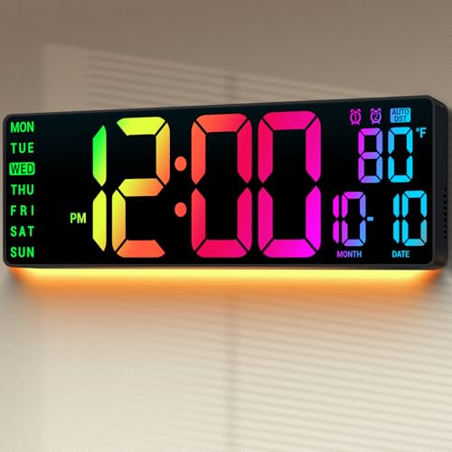 16.5" Large Digital Wall Clock RGB LED Display for Classroom with Remote | 11 RGB Color Options, Auto DST, Temp & Date Display, Large Easy-Read Numbers, Classroom, Office, Gym & Home, Senior Friendly - color: Black, size: 16.5 inches