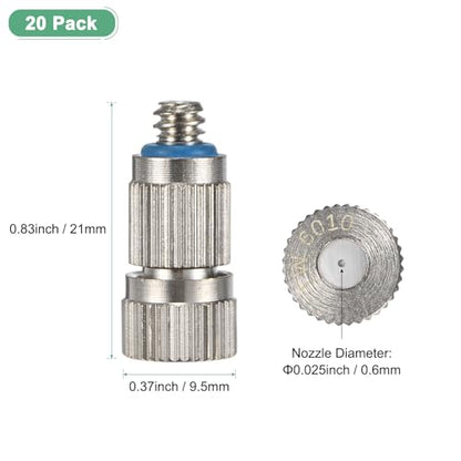 M METERXITY 20-Pack Brass Misting Nozzles, 0.024"/0.6mm Orifice Mister Nozzles Brass, High Pressure Spray Misting Nozzle Head for Outdoor Cooling System/Greenhouse/Landscaping [3/16] - size: 0.6mm