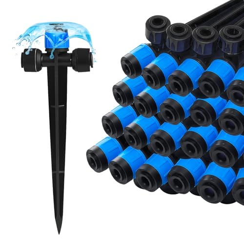 Push-to-Fit Drip Irrigation Vortex Emitters for 1/4" Drip Irrigation Tubing, 20 Pcs Adjustable 360 Degree Water Flow Fan Shape Drippers with Stake in-Line Drip System Emitter - size: Push-to-fit Vortex Emitters - 20 Pieces