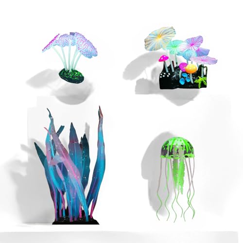 4-Pack Silicone Fluorescent Aquarium Plants & Decor - Realistic Jellyfish, Mushrooms for All Fish Tanks, Essential Decorations
