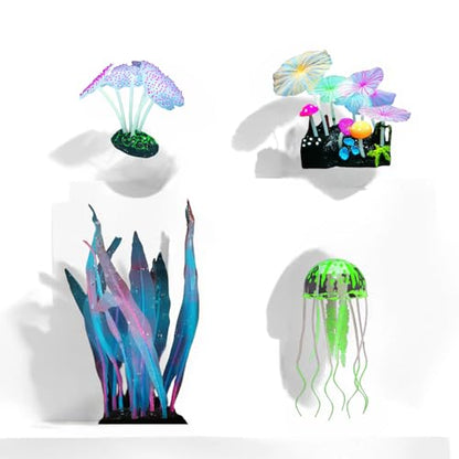 4-Pack Silicone Fluorescent Aquarium Plants & Decor - Realistic Jellyfish, Mushrooms for All Fish Tanks, Essential Decorations