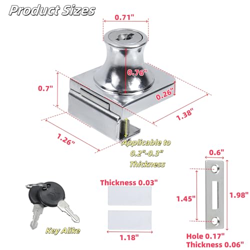 Glass Showcase Lock, Chrome Rectangular, 1.38x1.26 Inch, 2 Sets | No Drill Installation, Key Alike, Fits 0.2-0.3 Inch Glass, Zinc Alloy, For Display Cabinets Jewelry Cases - color: Chrome, size: 1.38 x 1.26 Inch, style: Key Alike - Door to Board