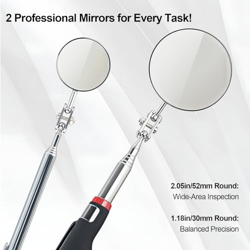 Telescoping Inspection Mirror with Rotating Head,Extendable Mechanic Mirror with Long Handle and Clip-On Design for Mechanics, Dentists, Auto, Boat (2.05in Round & 1.18in Round) - style: 2 PCS (Round)