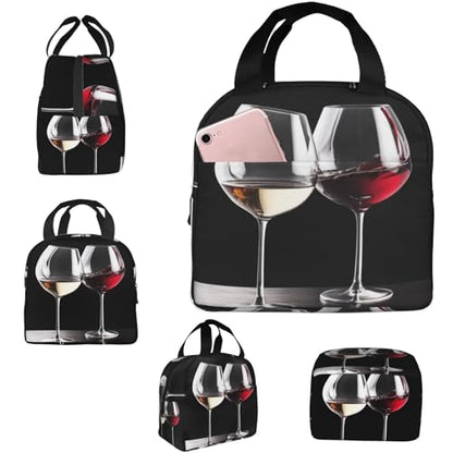 Insulated Lunch Bag Red Wine Glasses Lunch Box for Women Men Reusable Leakproof Lunch Cooler Bag for Office Picnic - color: Red Wine Glasses