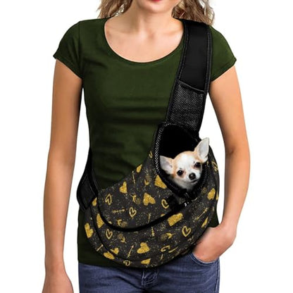 COEQINE Black Gold Heart Sling Carrier for Small Dogs Valentine's Day for Pet Owner Crossbody Purse Front Facing for Small Puppy Travel Cycling - color: Black Gold Heart