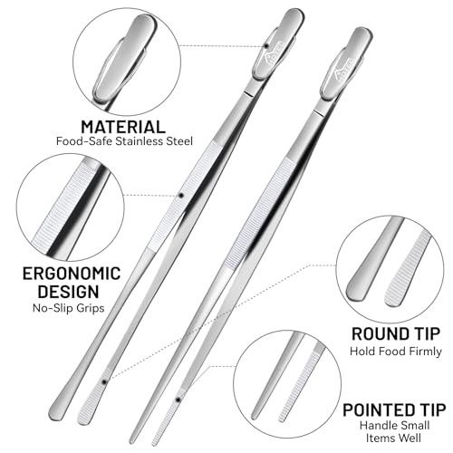 HOTEC Kitchen Tweezers Tongs Stainless Steel Professional Chef Tweezers, Set of 2-12inch Extra-Long Food Tongs for Cooking,Grill and Baking - color: Silver, size: 2PCS: 12 Inch with hook