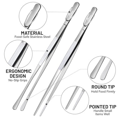 HOTEC Kitchen Tweezers Tongs Stainless Steel Professional Chef Tweezers, Set of 2-12inch Extra-Long Food Tongs for Cooking,Grill and Baking - color: Silver, size: 2PCS: 12 Inch with hook