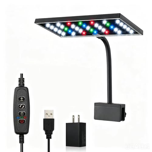 Carefree Fish Aquarium LED Light USB 5V1A RGBW 5730 Timmer 5~20Gal Fish Tank Clip Light 10 Brightness Levels 13W with USB Port (Include UL Certification Power Adapter)