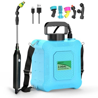 2-Gallon Battery-Powered Sprayer,6 Nozzles,2 Spray Modes, Telescopic Pole | Electric Sprayer for Lawn and Garden Weed/Pest Control, Watering, USB Rechargeable Adjustable Shoulder Strap