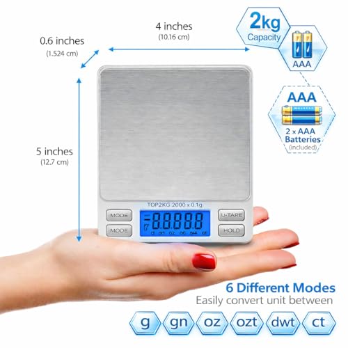 Smart Weigh Pro Digital Pocket Scale – 2000g x 0.1g Precision Gram Scale with LCD Display, 6 Weighing Units, Hold & Count Functions – Includes 2 Trays and Batteries (Silver) - size: 2000 Grams