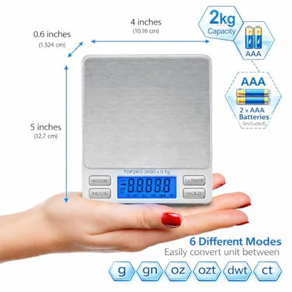 Smart Weigh Pro Digital Pocket Scale – 2000g x 0.1g Precision Gram Scale with LCD Display, 6 Weighing Units, Hold & Count Functions – Includes 2 Trays and Batteries (Silver) - size: 2000 Grams