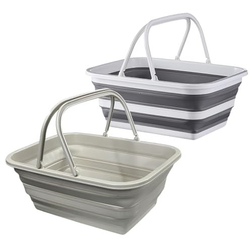 Monozuki Collapsible Sink 2 Pack 4.8Gal/18.1L, Heavy Duty Foldable Basin with Handles for Camping, Car Wash, Kitchen – Also Use as Storage Basket for Home, Garage, RV (Grey+Khaki) - color: Grey+khaki((4.8 Gal/18.1l)