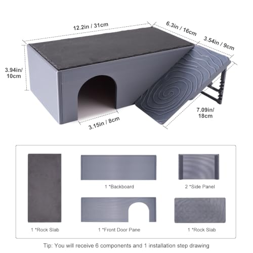 3 in 1 Reptile Basking Platform for Bearded Dragon, Leopard Gecko | Large Reptile Hides and Caves, with Adjustable Climbing Ramp & Heat Absorbing Slate Rock, 12.2×6.3×3.9 Inch