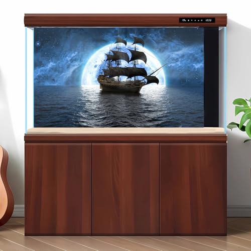 Ocean Sailboat Seascape Aquarium Background Cloudy Blue Night Sky Moon Fish Tank Background Pirate Ship Tranquil Misty Foggy Sea Scenery Terrarium Backgrounds for Tank Backgrounds Decors 24x12in - color: Dark Blue, size: 24(W)x12(H)inches/ 60(W)*30cm(H)