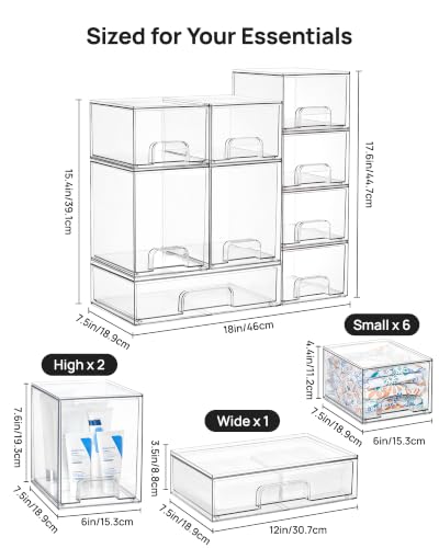 Vtopmart Stackable Storage Drawers Set of 9, Clear Plastic Organizer Bins for Baby Bottle, Beauty Supplies Storage, Ideal for Kichen Countertop, Vanity, Bathroom, Cabinet, Pantry Organization - style: 6 Small+2 High+1 Wide