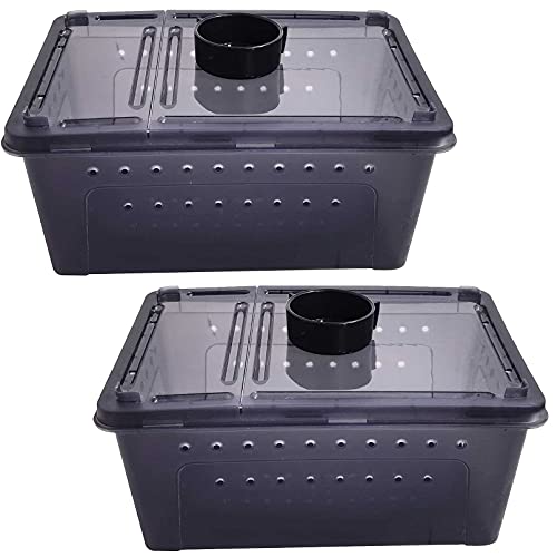 kathson Reptile Feeding Box Portable Small Snake Terrarium Habitat Mini Pet Breeding Cage Hatching Container Transparent Lizard Houses for Tarantula Spider Scorpion Gecko Frog 2PCS (Black) - color: Black