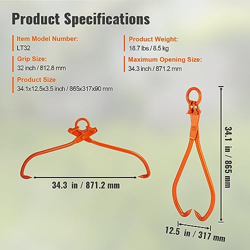VEVOR Log Skidding Tongs, 32 inch 2 Claw Log Lifting Tongs, Heavy Duty Steel Lumber Skidding Tongs, 1543 lbs/700 kg Loading Capacity, Log Lifting, Handling, Dragging & Carrying Tool - style: 32in-O-Ring