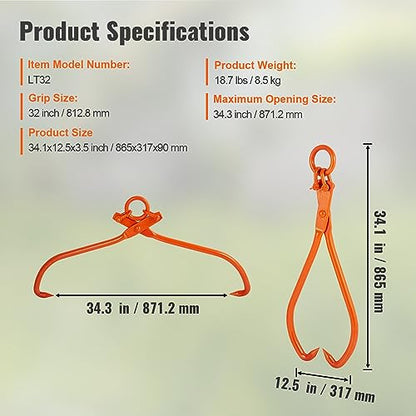 VEVOR Log Skidding Tongs, 32 inch 2 Claw Log Lifting Tongs, Heavy Duty Steel Lumber Skidding Tongs, 1543 lbs/700 kg Loading Capacity, Log Lifting, Handling, Dragging & Carrying Tool - style: 32in-O-Ring