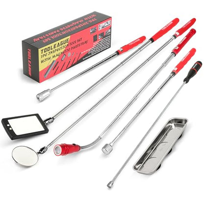 TOOLEAGUE 7Pcs Telescoping Magnetic Pickup Tool Set | Extendable LED Flashlight,Round & Square 360° Inspection Mirror for Men Mechanics, and Handymen, Red