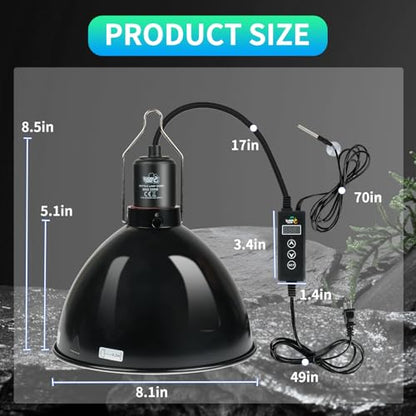 LUCKY HERP Reptile Light Fixture with Dimming Thermostat & Timer, Aluminum 8.5inch Dome Reptile Lamp Fixture, Heat Lamp Fixture for Reptile Bulb Basking Heat Bulb - size: 8.5 Inch