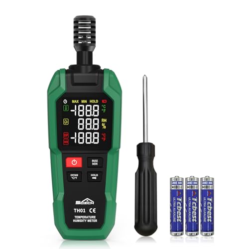 SQECH Temperature Humidity Meter Digital Hygrometer Psychrometer HVAC | Hydrometer Monitor with Ambient Thermometer, Dew Point, Wet Bulb, Flashlight, Max/Min, Data Hold, Color Backlight