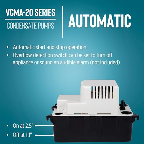 Little Giant VCMA-20ULS 115 Volt, 80 GPH, 1/30 HP Automatic Condensate Removal Pump for HVAC/Refrigeration Systems/Dehumidifiers with Overflow Detection Switch and 6-Foot Cord, White/Black, 554425 - size: 115 Volts