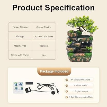 Tabletop Waterfall Fountain Indoor Rockery Stream with LED Lights - Zen Meditation Feature, Automatic Pump & Switch for Home, Office, Bedroom Desk Decoration