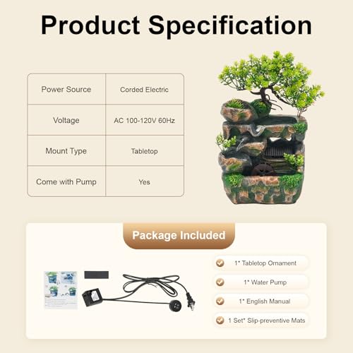 Tabletop Fountain Waterfall Water Fountains Indoor with LED Lights Desktop Relaxation Rockery Landscape Water Fountains Decoration for Home Office Bedroom Desk Decor