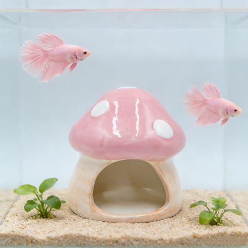 Ceramic Fish Tank Ornament & Hiding Cave, Aquarium Shelter Decor, Cute Mushroom House Style for Betta Fish, Goldfish, Shrimp, Hermit Crab and Reptiles (Pink)