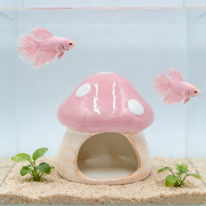 Ceramic Fish Tank Ornament & Hiding Cave, Aquarium Shelter Decor, Cute Mushroom House Style for Betta Fish, Goldfish, Shrimp, Hermit Crab and Reptiles (Pink)