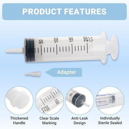 200ml Large Syringe, 5-pack Plastic Syringes for Liquid with Tip Adapter | 200cc Large syringe for thick liquids & Scientific Labs, Oil Transfer, Plant Watering & Refilling, Glue, Individual Sealed - style: 200 ML