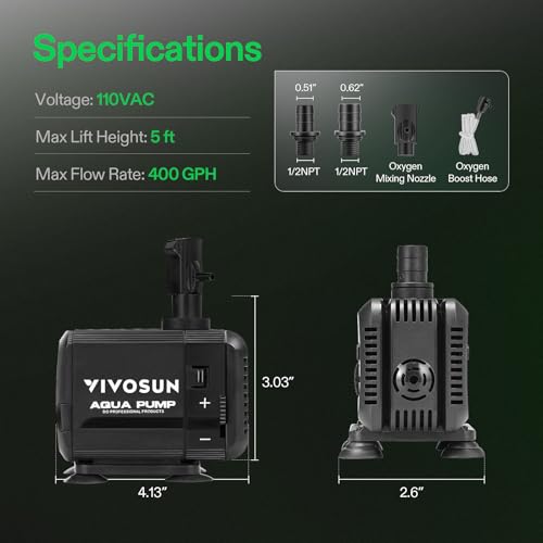 VIVOSUN 400GPH Submersible Fountain Water Pump for Pond, Aquarium, Statuary | 1500L/H, 15W, Ultra Quiet Water Pump with 5.2ft High Lift and 5ft Power Cord, 3 Nozzles for Hydroponics, Fish Tank, Black - size: 5"×4"-400