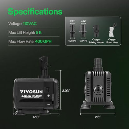 VIVOSUN 400GPH Submersible Fountain Water Pump for Pond, Aquarium, Statuary | 1500L/H, 15W, Ultra Quiet Water Pump with 5.2ft High Lift and 5ft Power Cord, 3 Nozzles for Hydroponics, Fish Tank, Black - size: 5"×4"-400