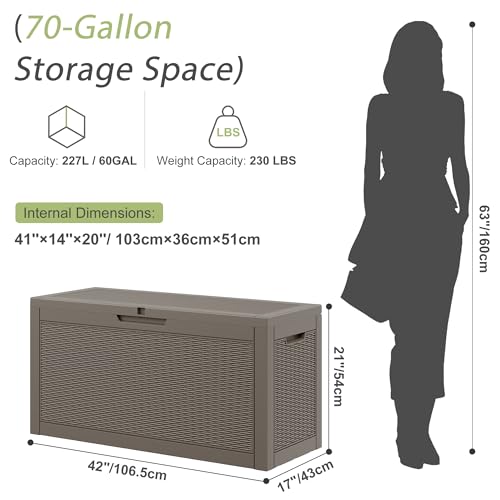 Outdoor Storage Box, Resin Deck Boxes Indoor and outdoor, Waterproof Storage Box Lockable Lid (Grey,70 Gallon) - color: Rattan Grey, style: 70 Gallon