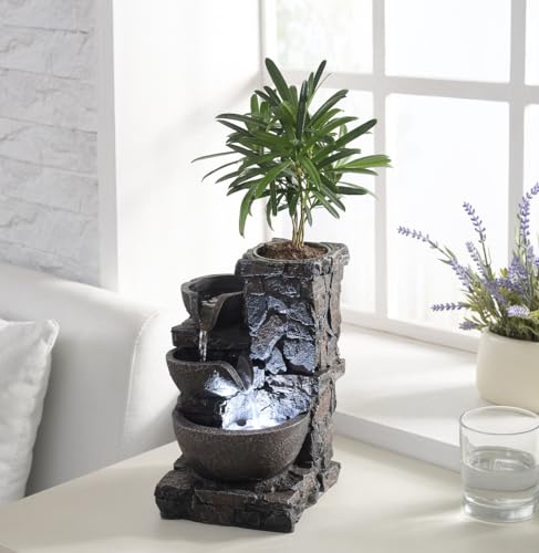 MAOCHI Indoor Tabletop Water Fountain with Planter Pot, Small Desk Waterfall with Cool LED Lights, Zen Decor for Office, Home & Bedroom, Calming Meditation Relaxation Gifts for Plant Lovers