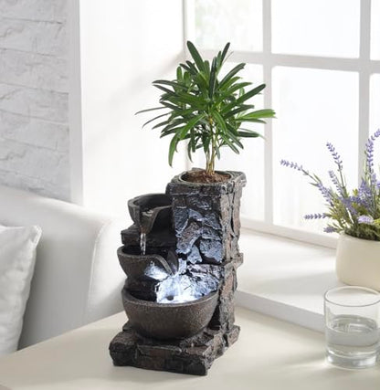 MAOCHI Indoor Tabletop Water Fountain with Planter Pot, Small Desk Waterfall with Cool LED Lights, Zen Decor for Office, Home & Bedroom, Calming Meditation Relaxation Gifts for Plant Lovers