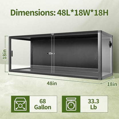 Wacool Terra 68 Gallon Reptile Tank, Large Terrarium for Bearded Dragons, Snakes, Leopard Geckos, Sliding Door & Top Ventilation, 48" x 18" x 18" Easy-to-Maintain Reptile Enclosure - size: 68 gallon