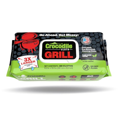Crocodile Cloth Grill Plant-Based Food Safe Cleaning Wipes, 80 Count | Safe on Skin & Multiple Surfaces, Infused with Aloe & Vitamin E, Large, Pre-Moistened & Absorbent - size: 80 Count (Pack of 1)