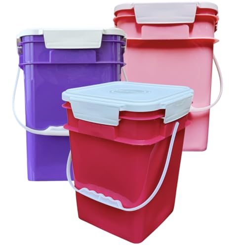 4 Gallon Square Food Grade Bucket Pail with Plastic Handles and Lid (Pack of 3) Made in USA containers (Pink/Magenta/Purple - White lids) - color: Pink/Magenta/Purple - White Lids