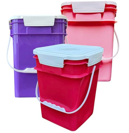 4 Gallon Square Food Grade Bucket Pail with Plastic Handles and Lid (Pack of 3) Made in USA containers (Pink/Magenta/Purple - White lids) - color: Pink/Magenta/Purple - White Lids