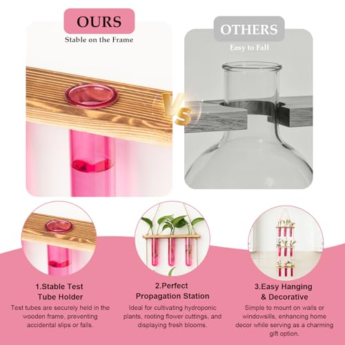 XXXFLOWER Wall Hanging Propagation Station with Wooden Stand Pink | 9 Test Tubes Vases Terrarium Kit, Hanging Planters for Indoor Plants, Wall Decor for Living Room Office - size: Pink-9 Tube Vase