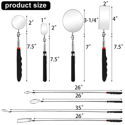 4 Pack Telescoping Inspection Mirror, Flexible Inspection Mirror Round and Rectangular Adjustable Mechanics Mirrors for Checking Auto,Vehicle, Extends up to 25 Inch, 360 Swivel