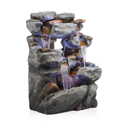 Alpine Corporation WIN1068 Outdoor Floor Rock Water Fountain with LED Lights, 5-Tier Rock Waterfall Fountain 54", Dark Brown - style: 54" H - 5-Tier Cool White LEDs