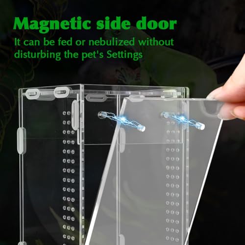 Jumping Spider Enclosure, 4x4x8 Inch Acrylic Reptile Terrarium Enclosure, with Magnet Front Opening Door, for Snail, Spiders, Mantis, Lizard, and Small Reptiles(Tweezer & Temp Sticker Included)
