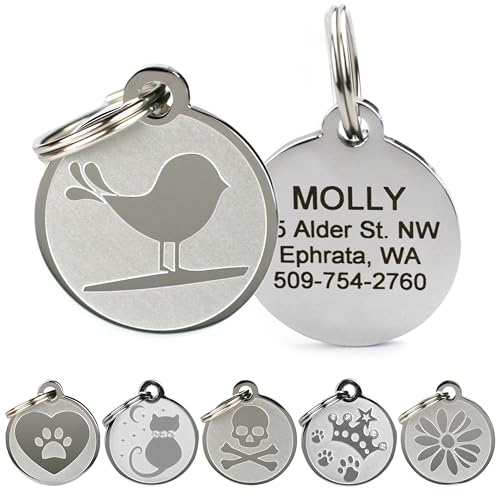 GoTags Playful, Custom Engraved Pet ID Tags, Solid Stainless Steel, Personalized Dog and Cat Pet ID with up to 4 Lines of Text, Cute, Durable and Long-Lasting - style: Bird