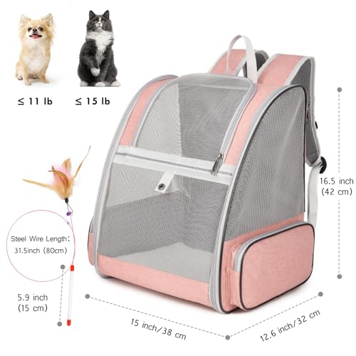 Cat Backpack Carrier, Large Pet Backpack with Kitten Wand Feather Toy for Medium Small Dog Cat Puppy Kitty Bunny up to 15lbs, Ventilated Mesh Dog Travel Carrier for Hiking Walking Outdoor Use (Pink) - color: Pink