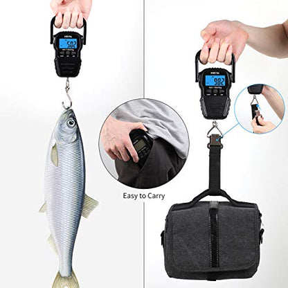HEETA Fish Scale Digital Fishing Luggage Weight Scale with Measuring Tape | Up 110lb/50kg Portable Hanging Scale with Backlit LCD Display for Home Farm Outdoor Hunting Fishing, 2 AAA Batteries Included - color: Black